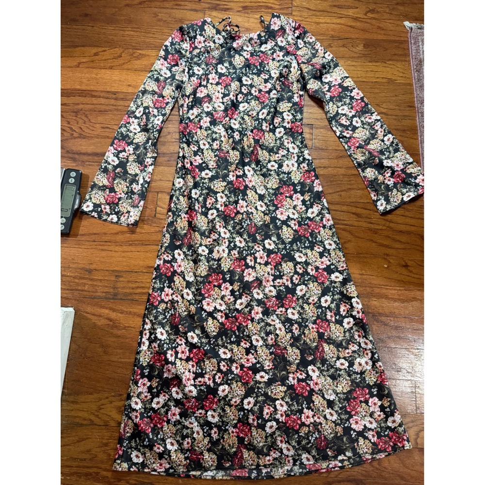 WAYF Womens Floral Long Sleeve Maxi Dress Black Red Pink A-Line Tie Back Neck